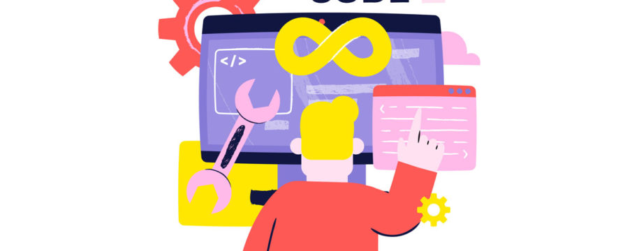 Un développeur en train de programmer sur un ordinateur, avec des icônes de code et d'outils de développement autour de lui