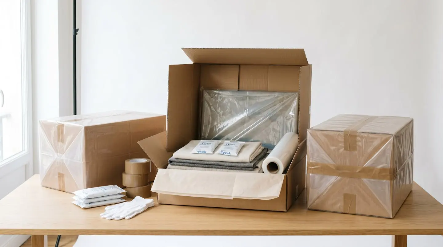 Cartons protégés par des absorbeurs d'humidité, housses étanches et matériaux isolants pour un stockage longue durée sécurisé
